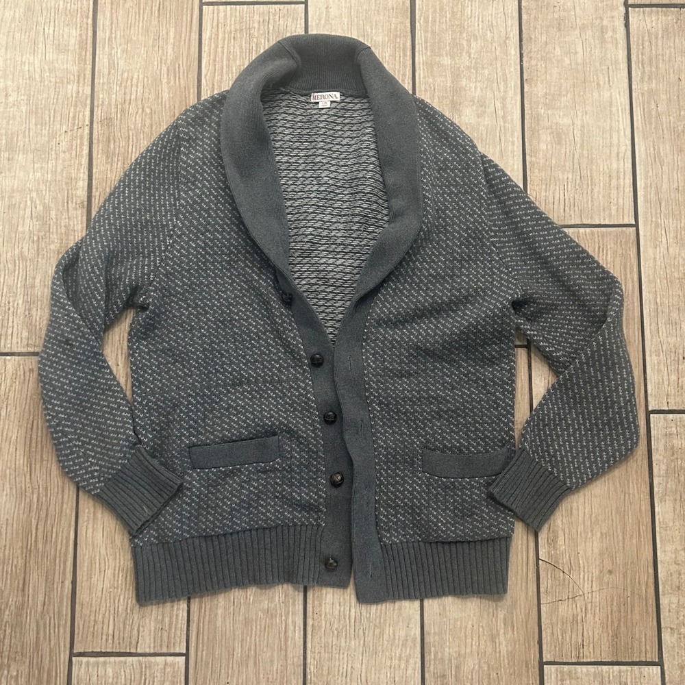 Merona Mens Gray Shawl Collar Cardigan Sweater Cotton Knit Large